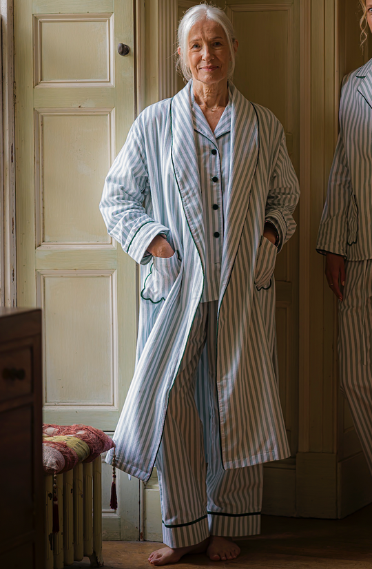 Green Stripe Brushed Cotton Velvet Pyjamas