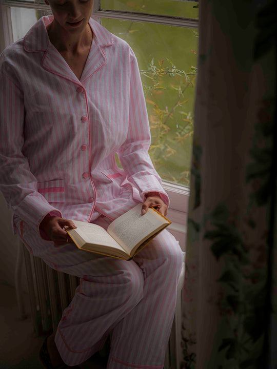Pink Brushed Cotton Velvet Striped Pyjamas