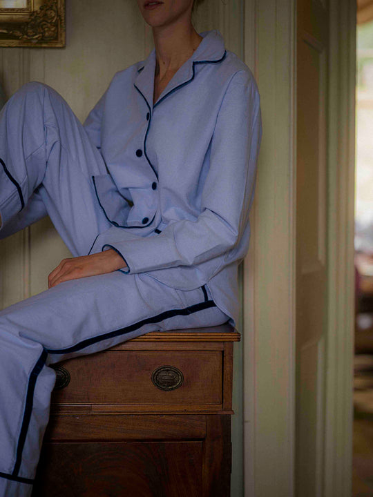 Blue brushed cotton pyjamas with navy velvet piping