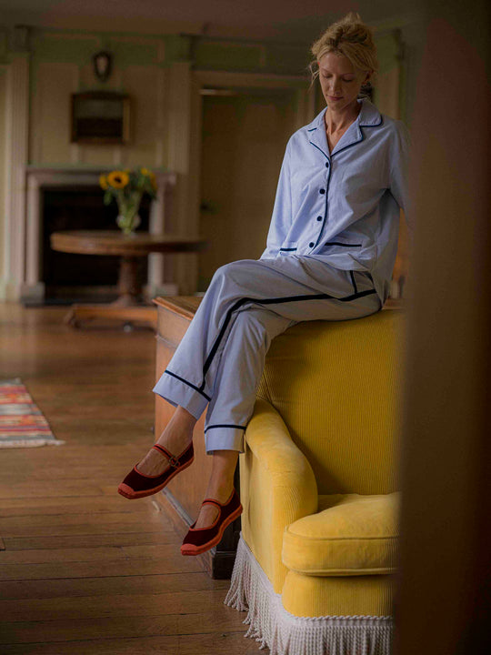 Blue brushed cotton pyjamas with navy velvet piping