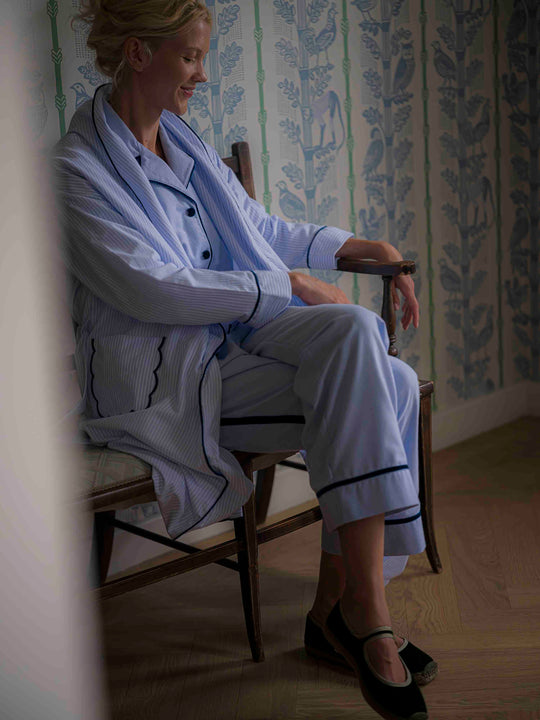Blue brushed cotton pyjamas with navy velvet piping