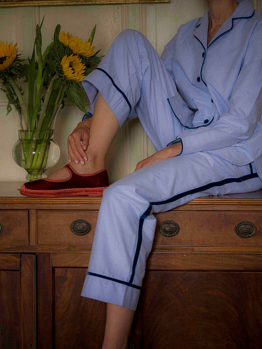 Blue brushed cotton pyjamas with navy velvet piping