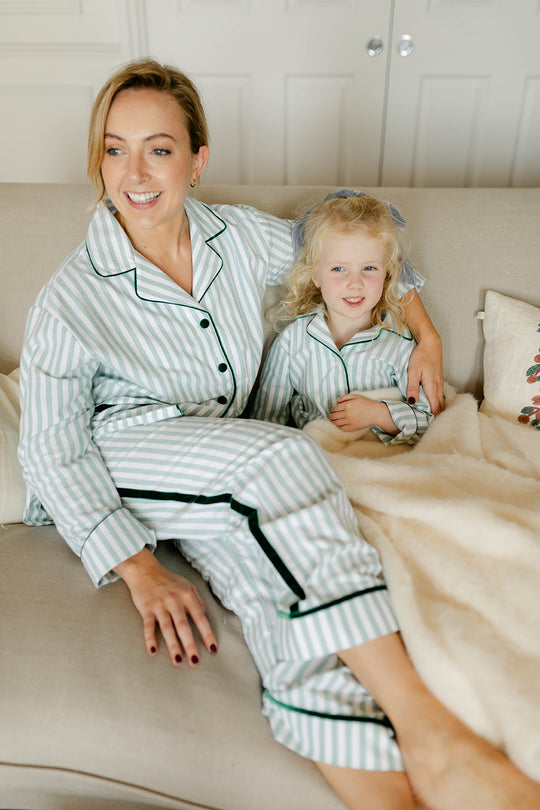 Sian Esther Green Stripe Brushed Cotton Pyjamas with velvet trim