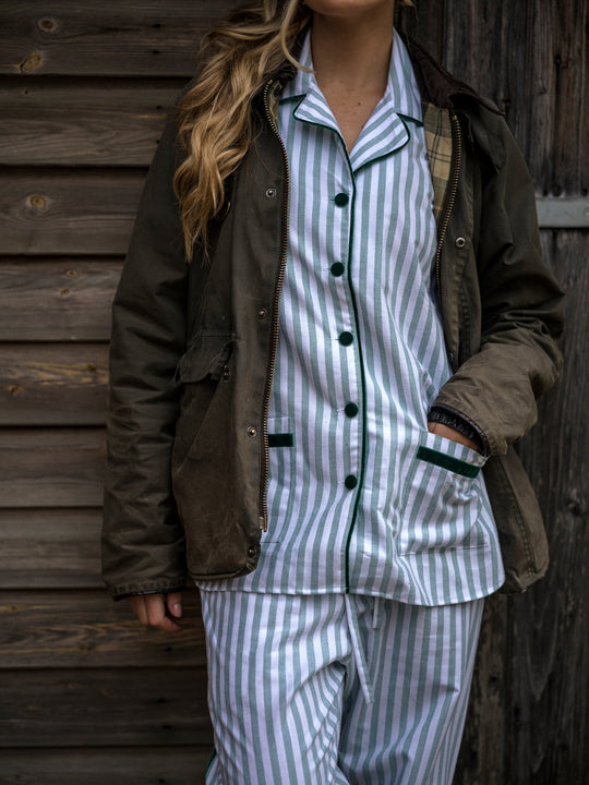 Sian Esther Green Stripe Brushed Cotton Pyjamas with velvet trim