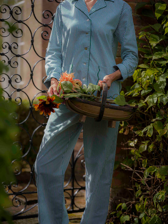 Green Stripe Scalloped Pyjamas in Cotton Poplin
