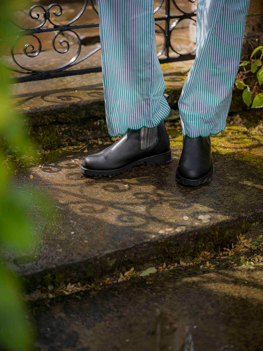 Green Stripe Scalloped Pyjamas in Cotton Poplin
