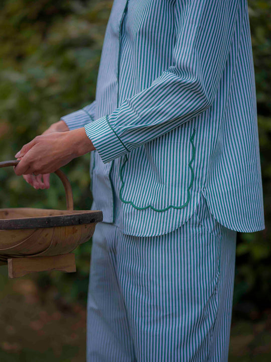 Green Stripe Scalloped Pyjamas in Cotton Poplin