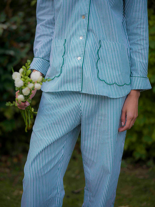 Green Stripe Scalloped Pyjamas in Cotton Poplin