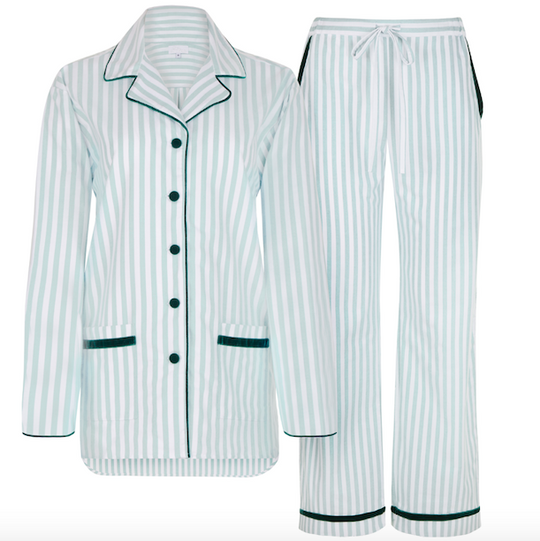 Sian Esther Green Stripe Brushed Cotton Pyjamas with velvet trim