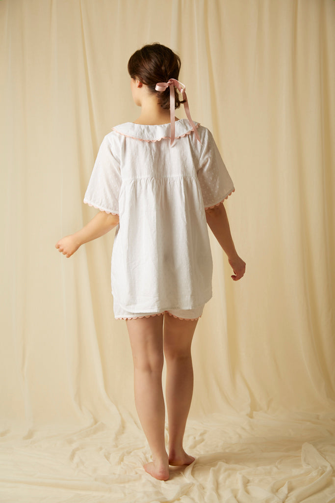 White cotton short PJ Set with Peter Pan collar. The perfect pyjamas for keeping cool this Summer.
