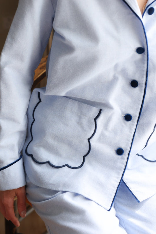 Blue Scalloped Brushed Cotton Pyjamas