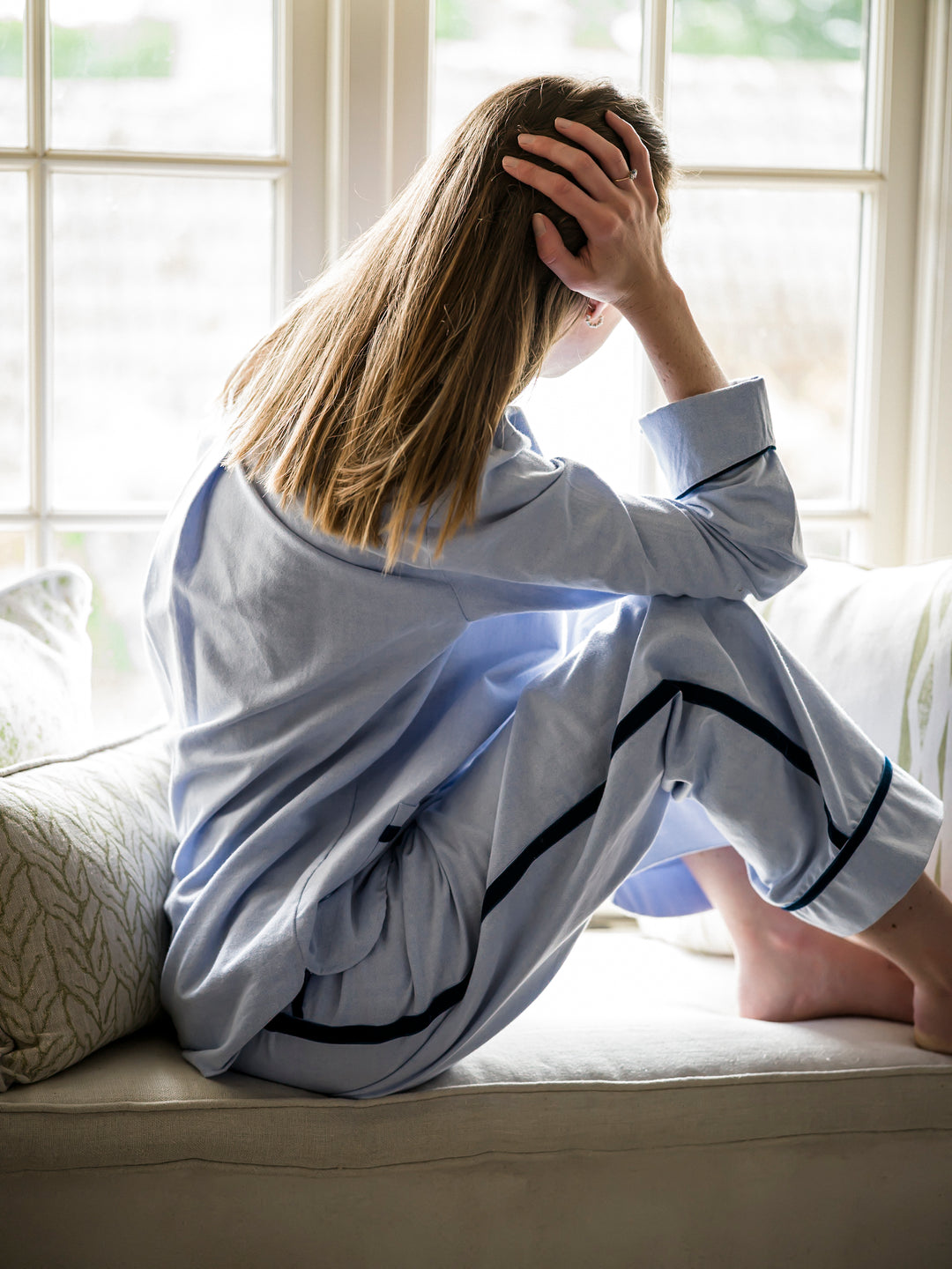 Women's blue brushed cotton pyjamas with navy velvet piping