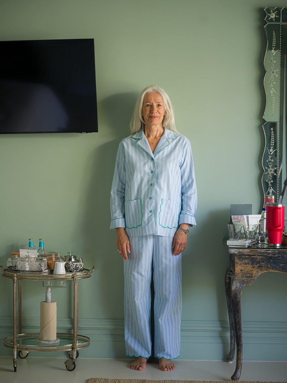 Blue and Green Stripe Scalloped Brushed Cotton Pyjamas