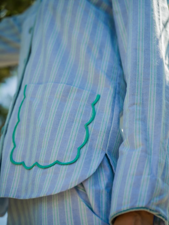 Blue and Green Stripe Scalloped Brushed Cotton Pyjamas