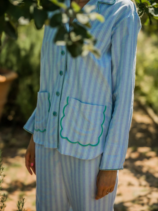 Blue and Green Stripe Scalloped Brushed Cotton Pyjamas