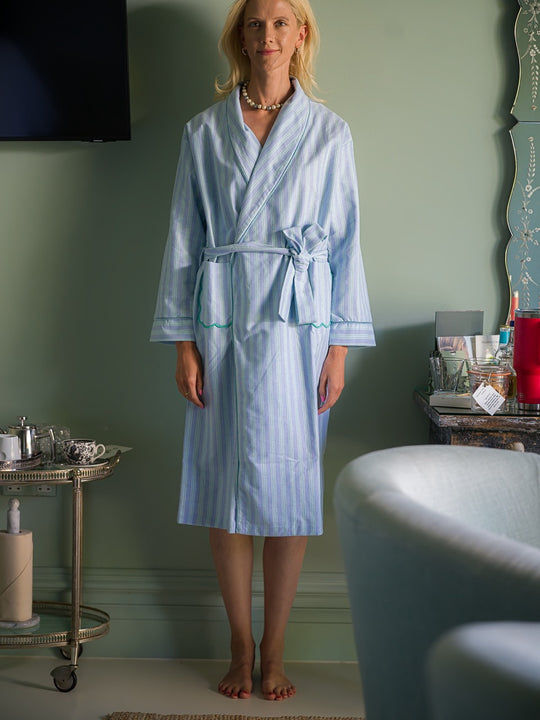 Blue and Green Stripe Scalloped Brushed Cotton Robe