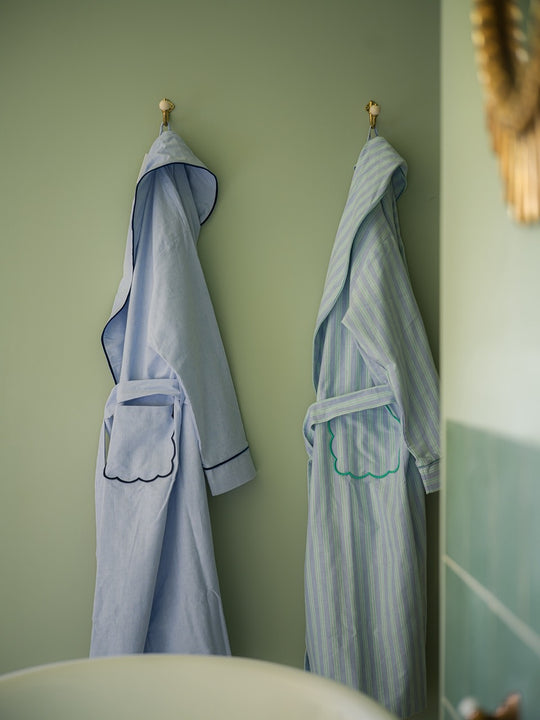Blue and Green Stripe Scalloped Brushed Cotton Robe