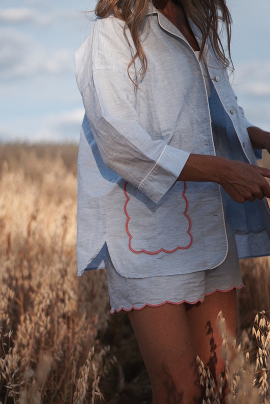 Blue Scalloped Linen Blend Shortie Pyjama Set