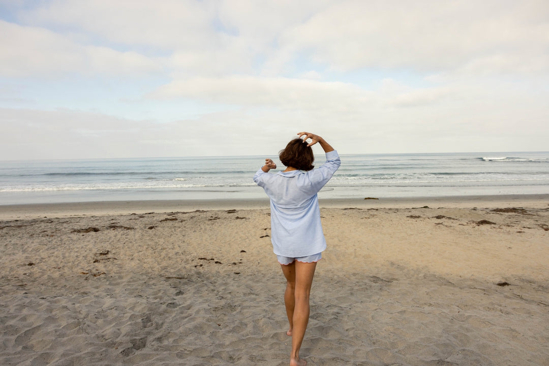 Blue Scalloped Linen Blend Shortie Pyjama Set