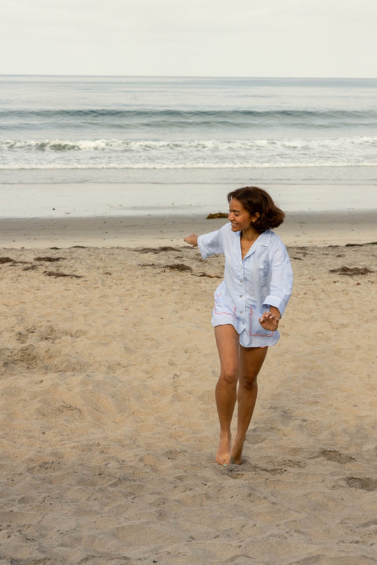 Blue Scalloped Linen Blend Shortie Pyjama Set
