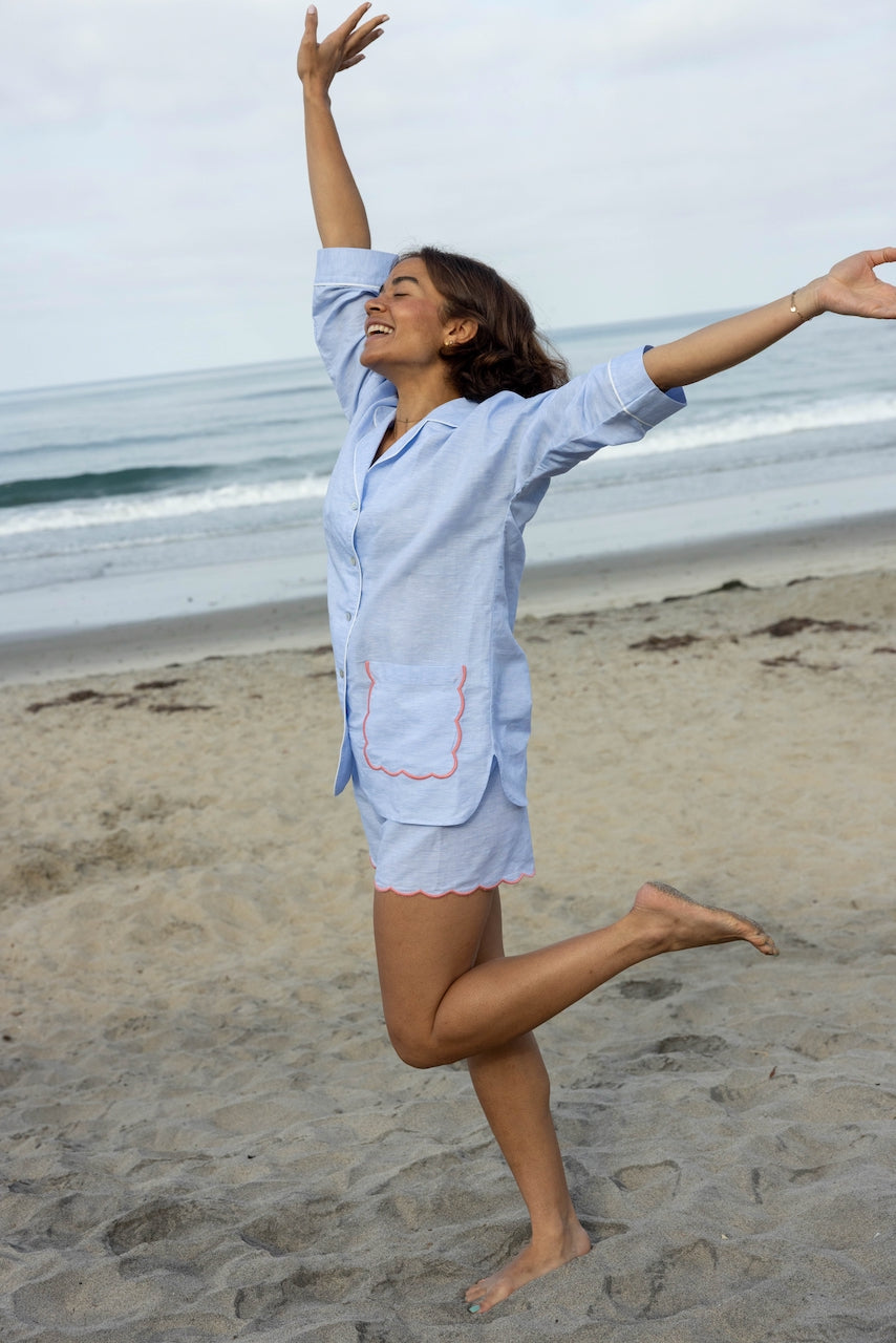 Blue Scalloped Linen Blend Shortie Pyjama Set
