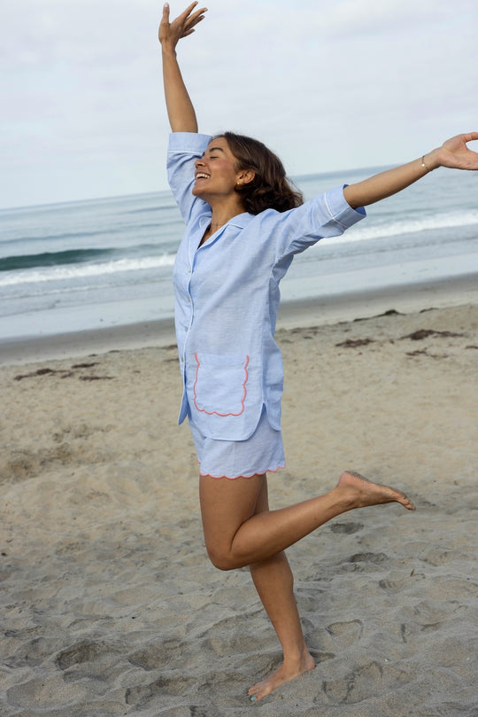 Blue Scalloped Linen Blend Shortie Pyjama Set