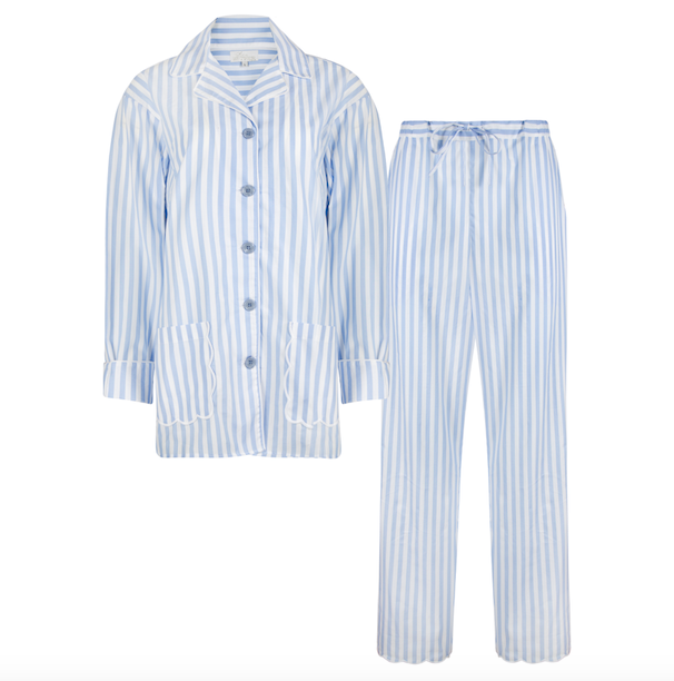 Blue Striped Scalloped Pyjama Set Cotton Poplin