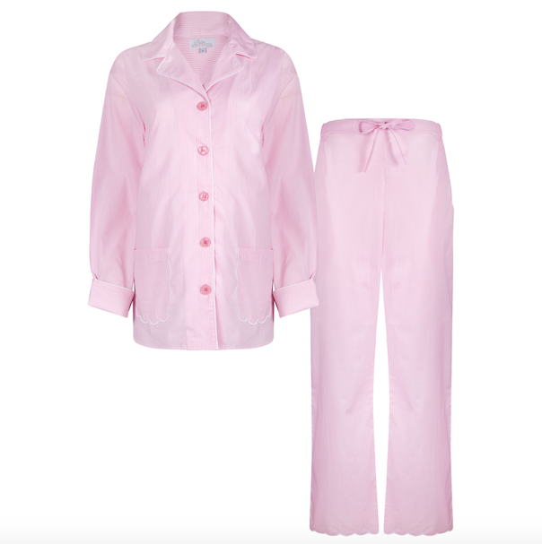 Pink Striped Scalloped Pyjama Set Cotton Poplin
