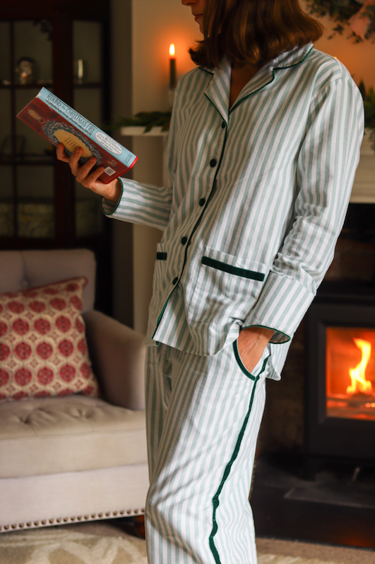 Green Stripe Brushed Cotton Velvet Pyjamas