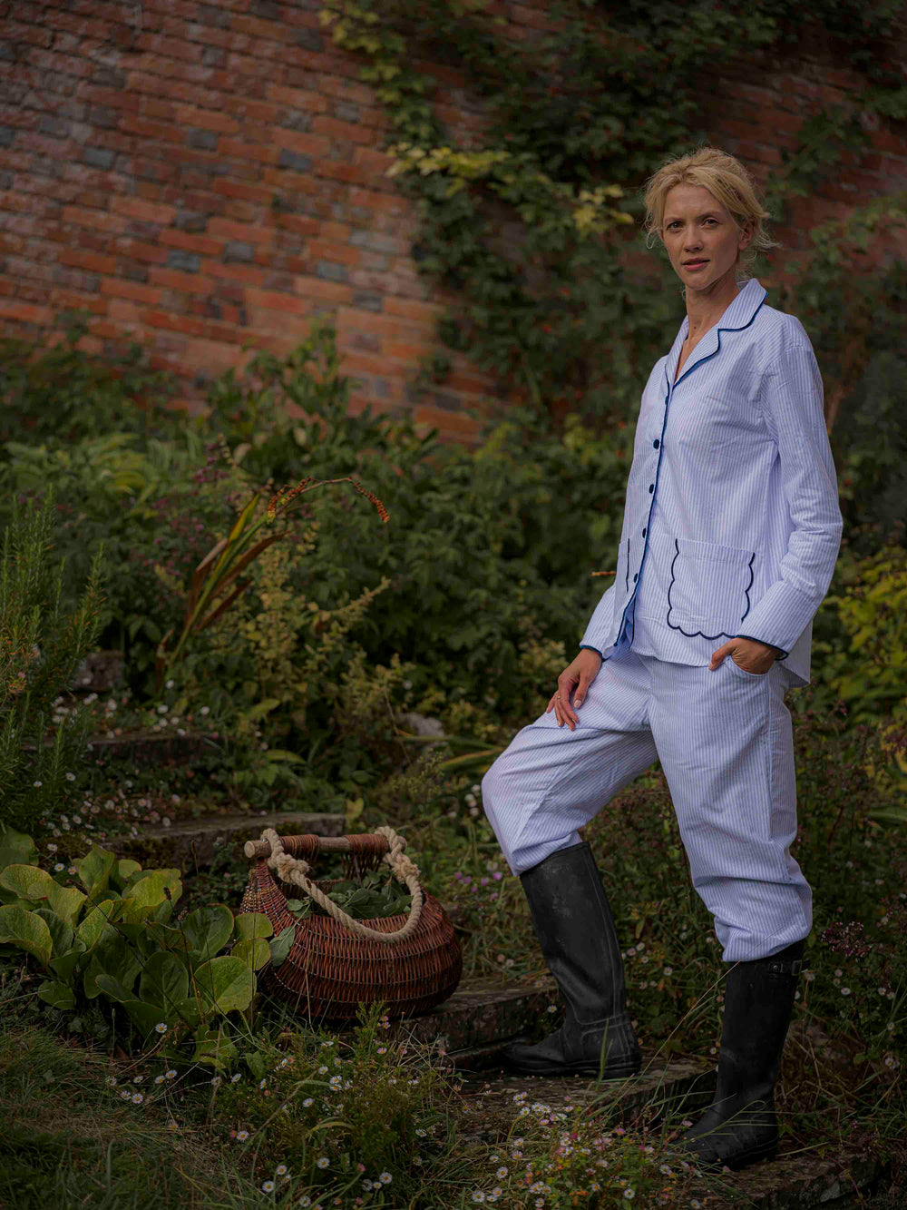 Siân Esther Blue Striped Scalloped Brushed Cotton Pyjamas