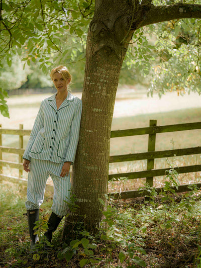 Green Stripe Scalloped Brushed Cotton Pyjamas