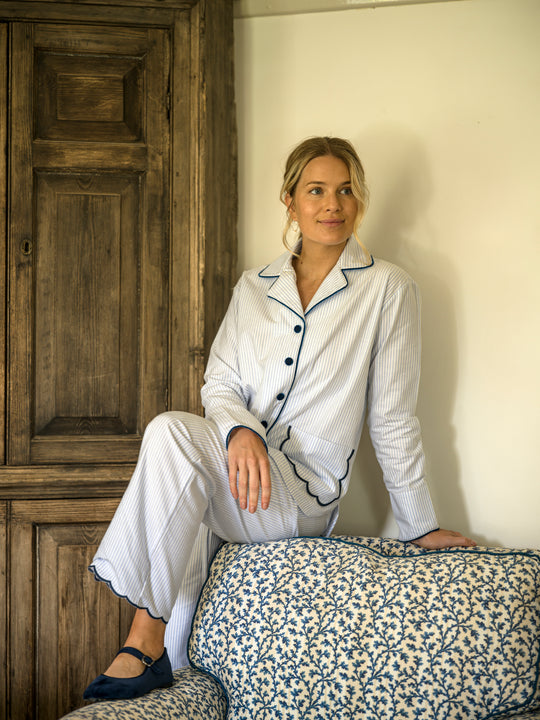 Sian Esther Blue Striped Brushed Cotton Pyjamas with scalloped pockets and hems