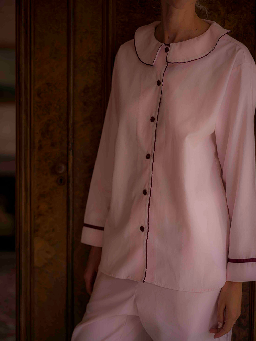 Sian Esther pink pyjamas with peter pan collar and contrasting burgundy details