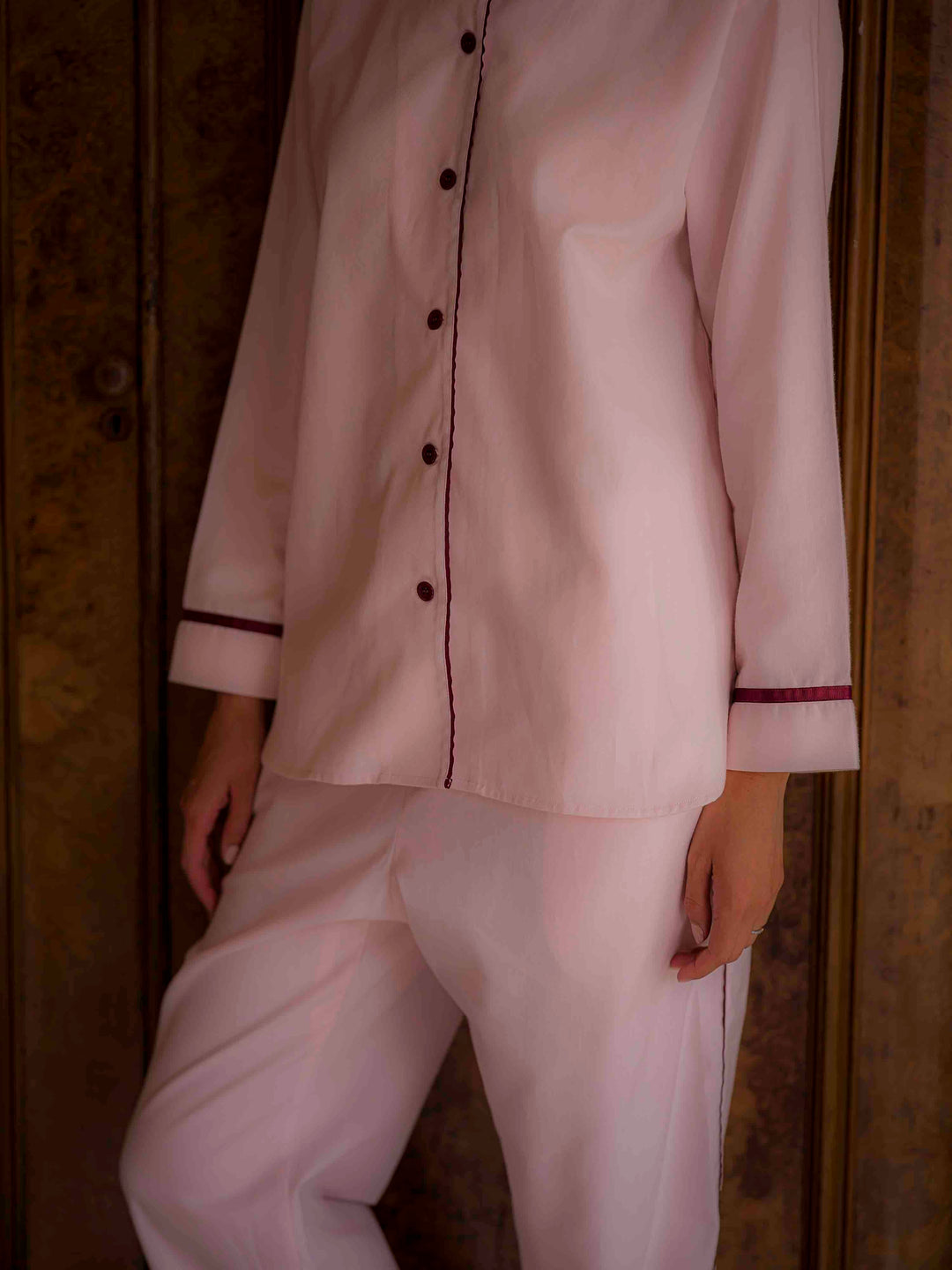 Sian Esther pink pyjamas with peter pan collar and contrasting burgundy details