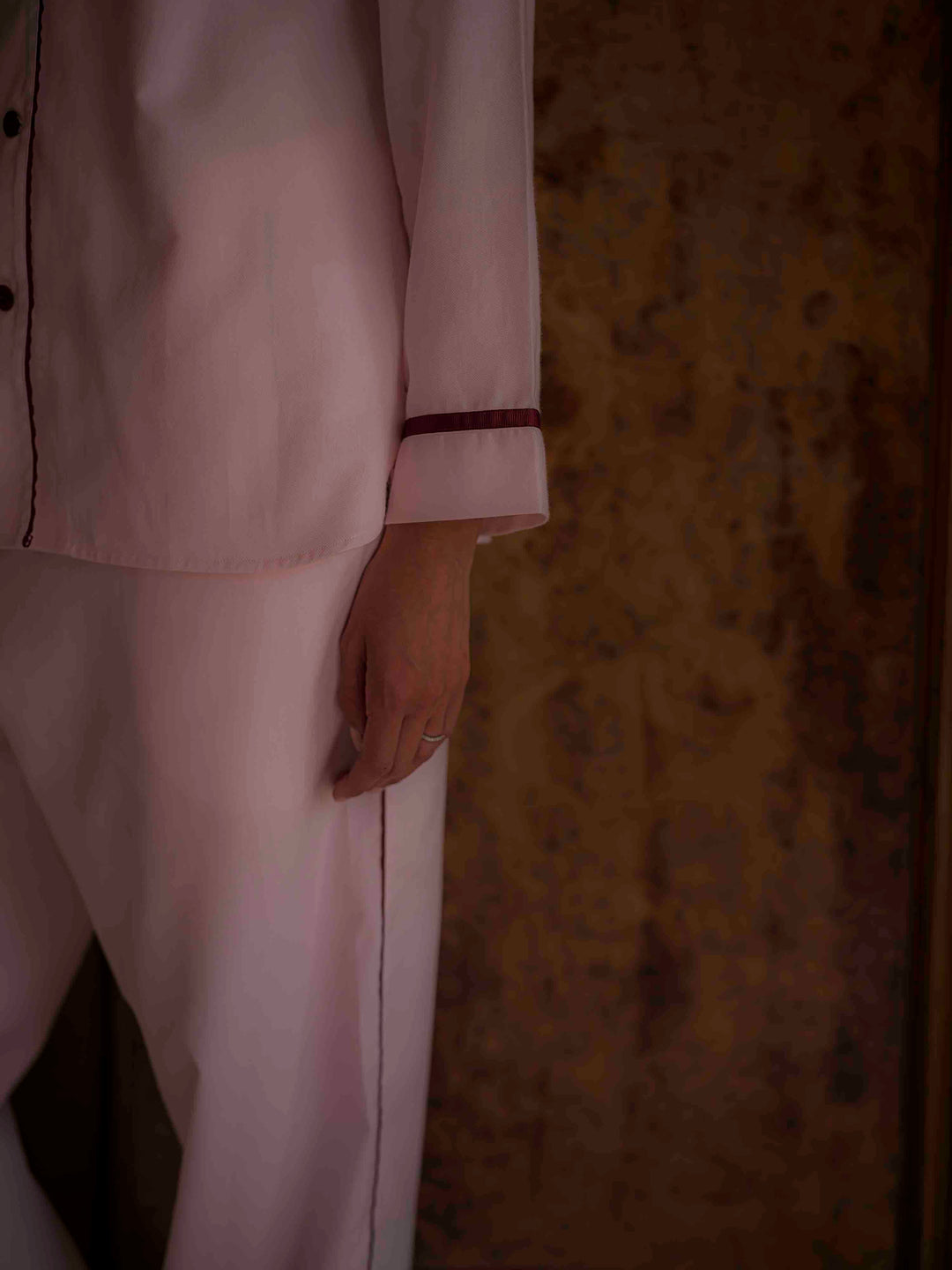 Sian Esther pink pyjamas with peter pan collar and contrasting burgundy details