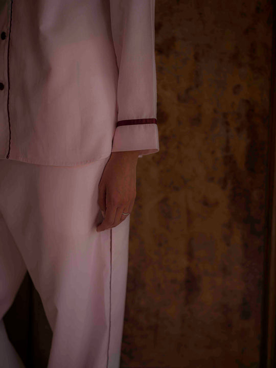 Sian Esther pink pyjamas with peter pan collar and contrasting burgundy details
