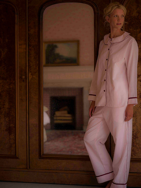 Sian Esther pink pyjamas with peter pan collar and contrasting burgundy details