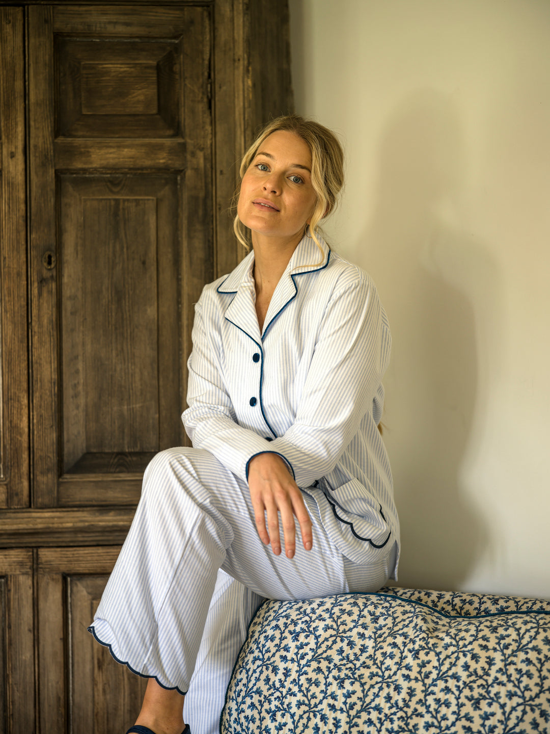 Sian Esther blue striped brushed cotton pyjamas with scalloped hems and pockets