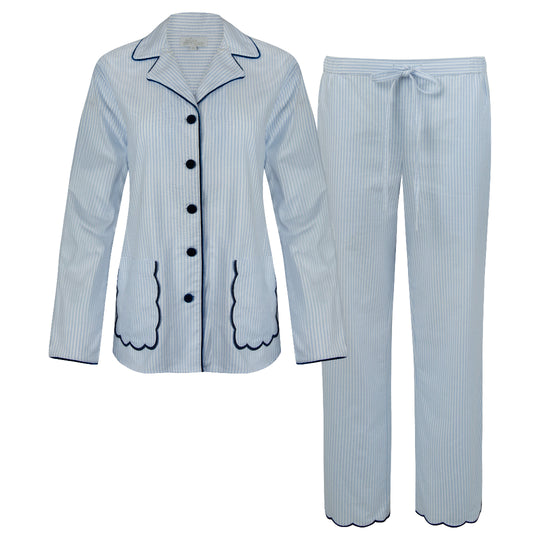 Sian Esther Blue Striped Brushed Cotton Pyjamas with scalloped pockets and hems