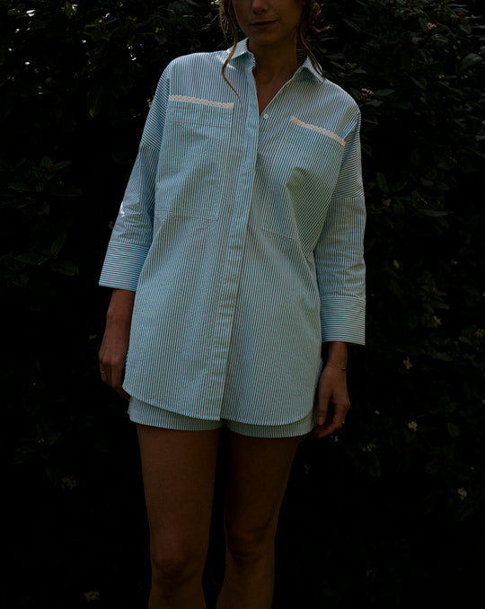 Sian Esther Green Stripe Cotton Seersucker Nightshirt / Resort Shirt 1