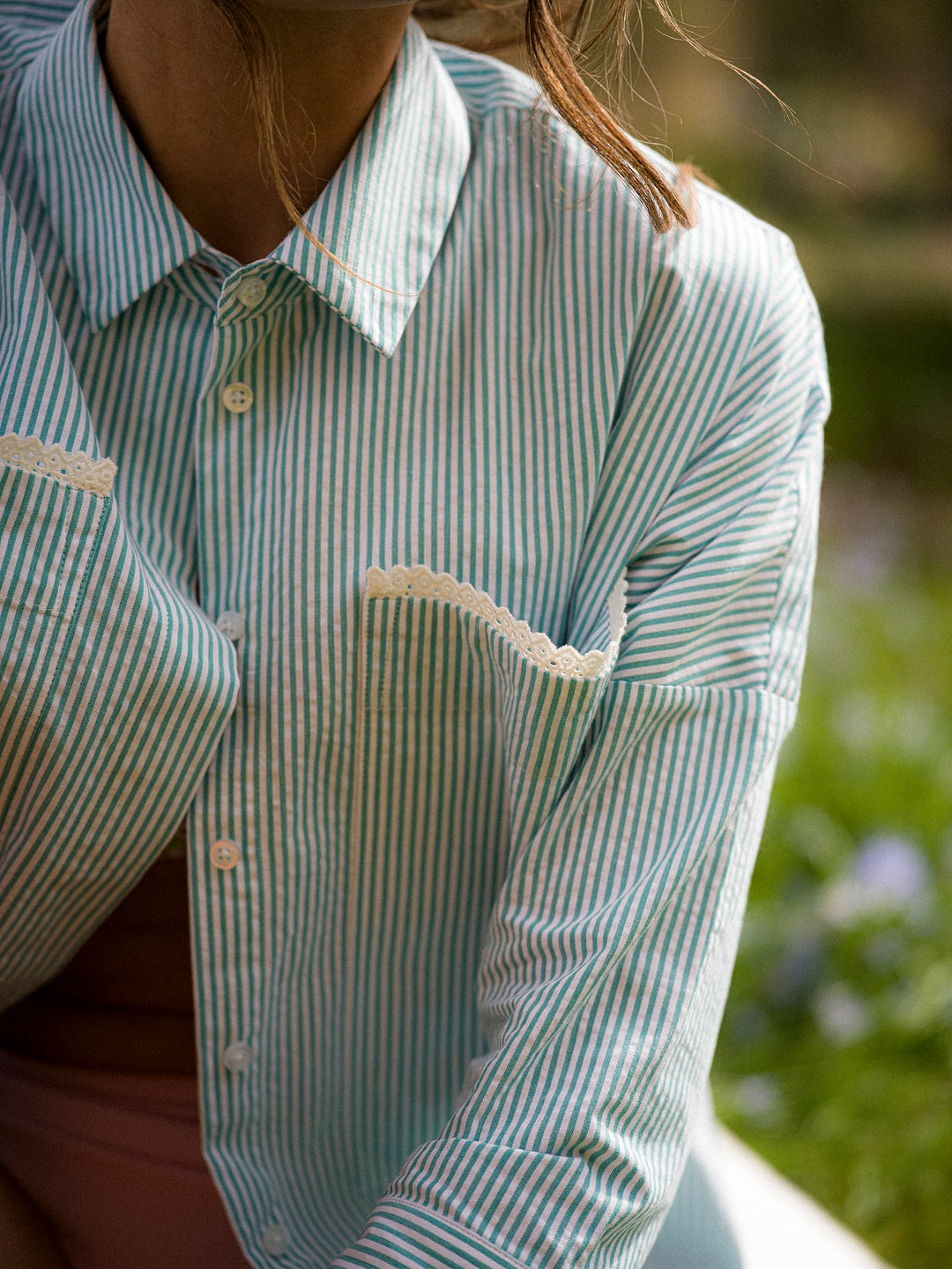 Sian Esther Green Stripe Cotton Seersucker Nightshirt / Resort Shirt 5