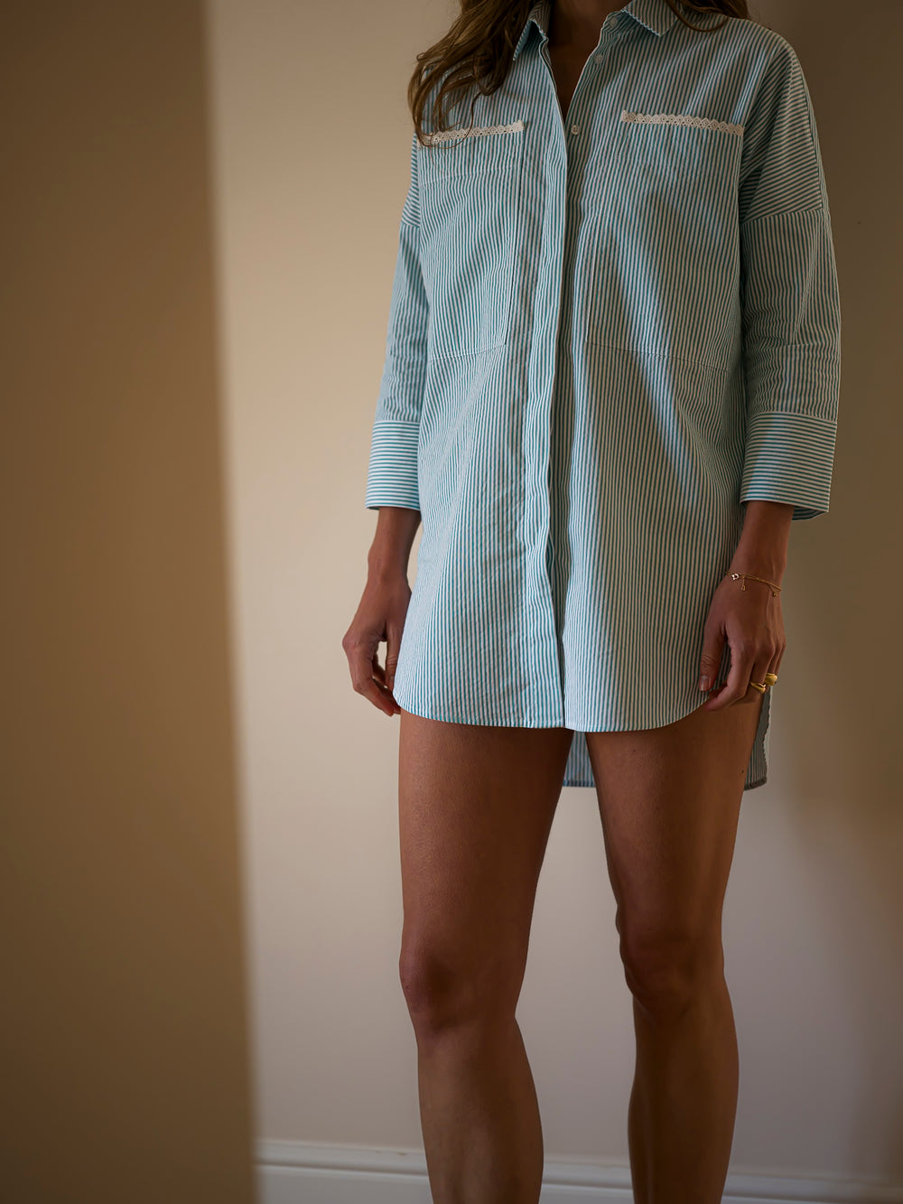 Sian Esther Green Stripe Cotton Seersucker Nightshirt / Resort Shirt 6