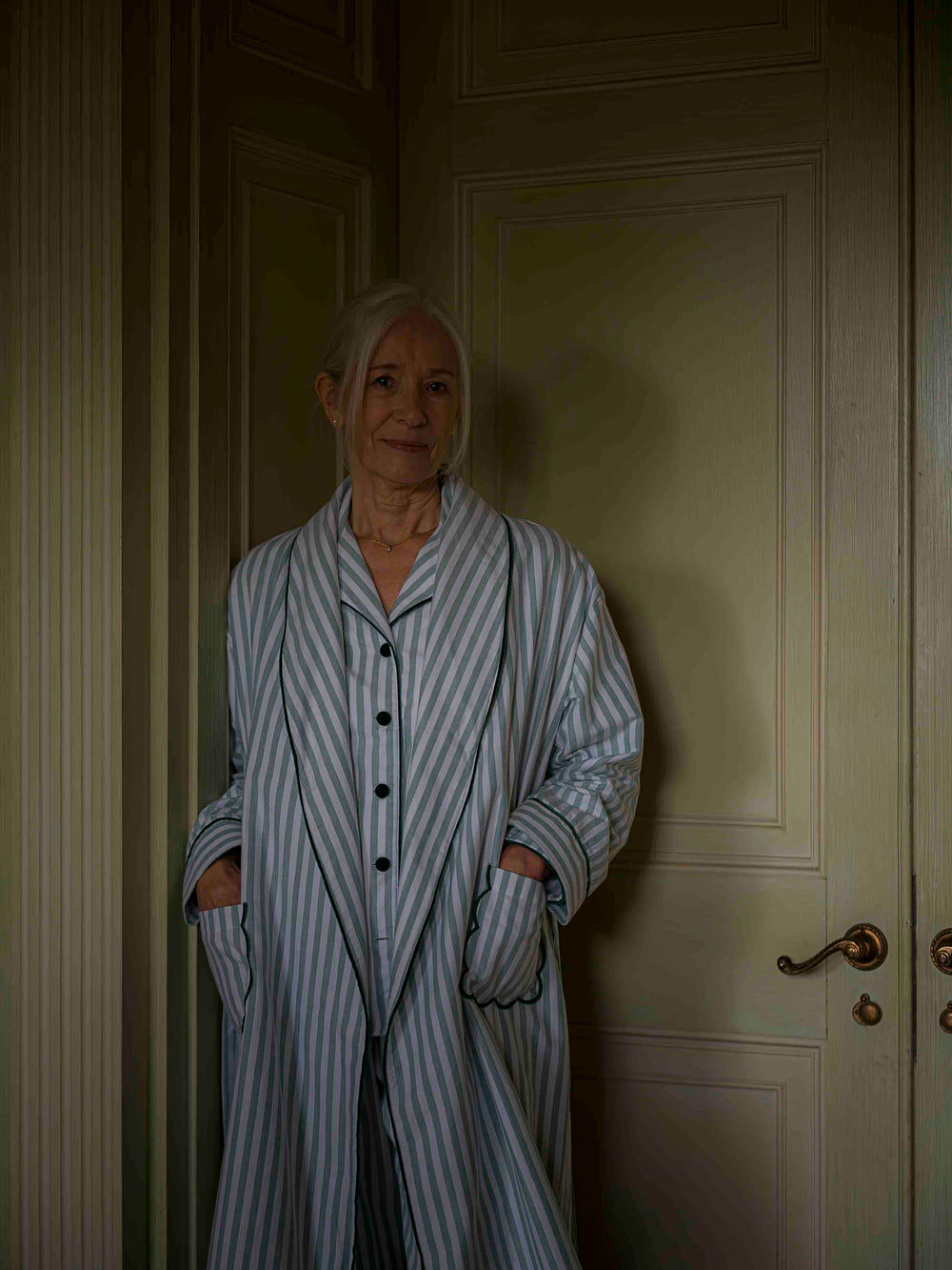 Green Stripe Robe with Scalloped Pockets