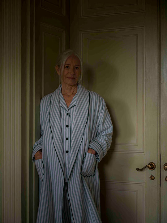 Green Stripe Robe with Scalloped Pockets