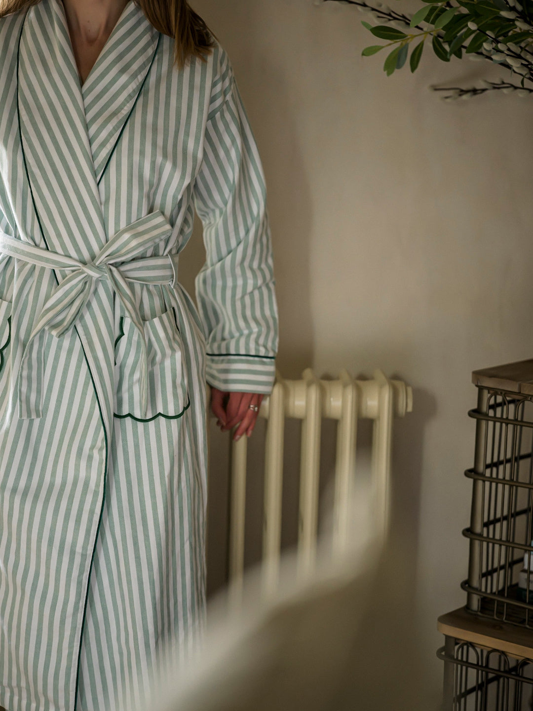 Green Stripe Robe with Scalloped Pockets