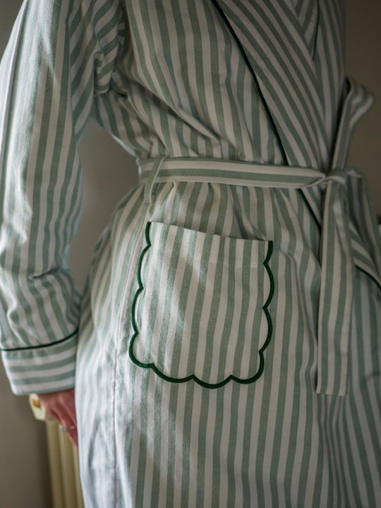 Green Stripe Robe with Scalloped Pockets