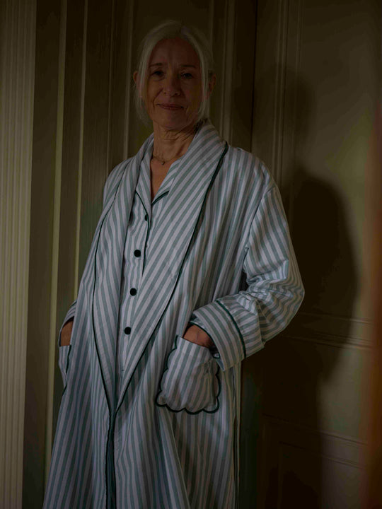 Green Stripe Robe with Scalloped Pockets