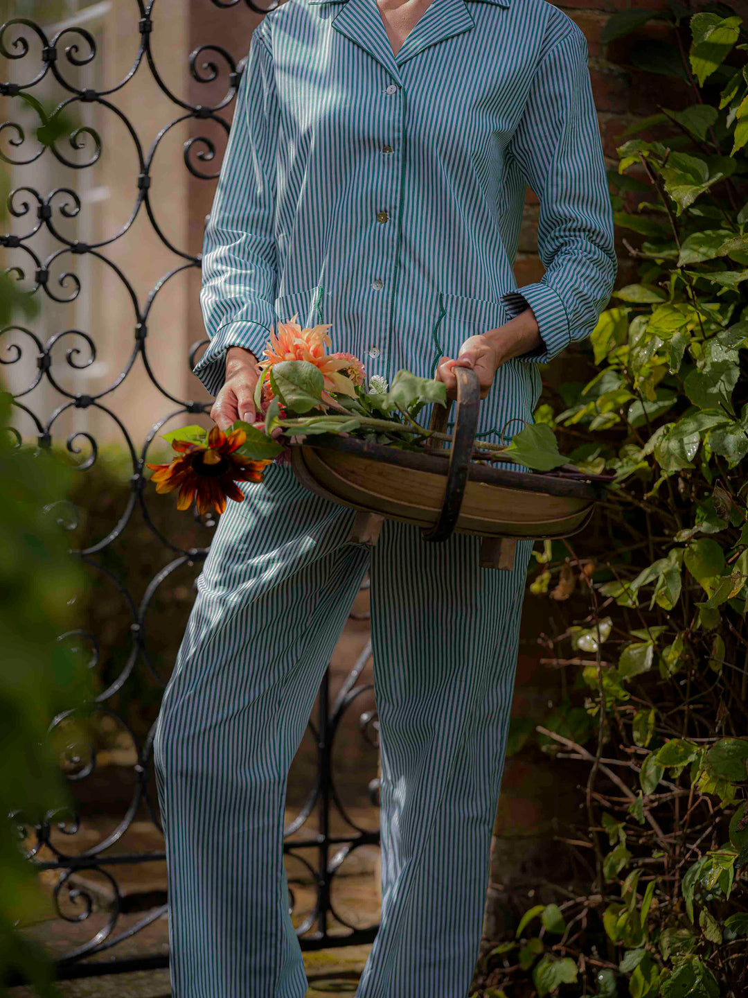 Green Stripe Scalloped Pyjamas in Cotton Poplin