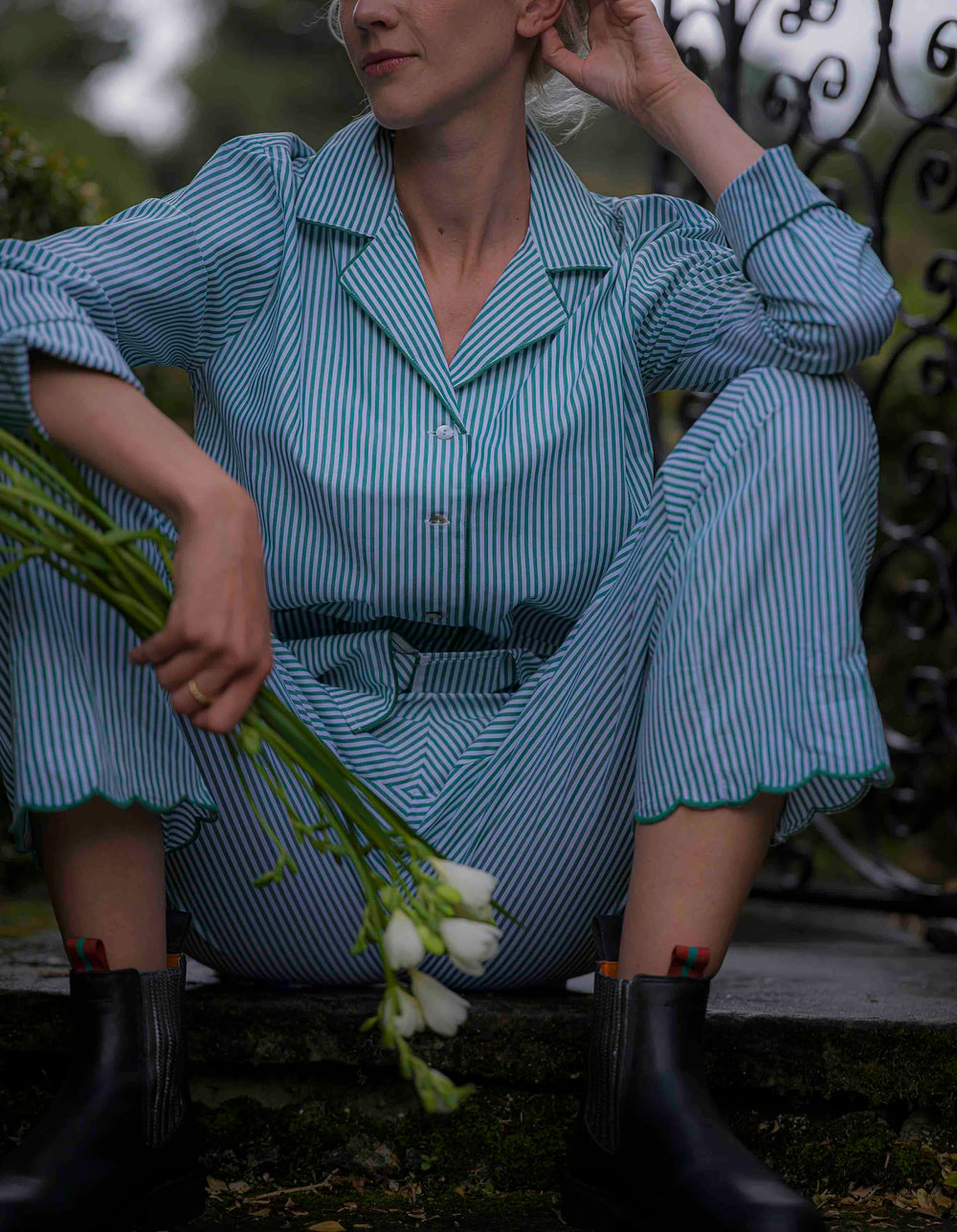 Green Stripe Scalloped Pyjamas in Cotton Poplin