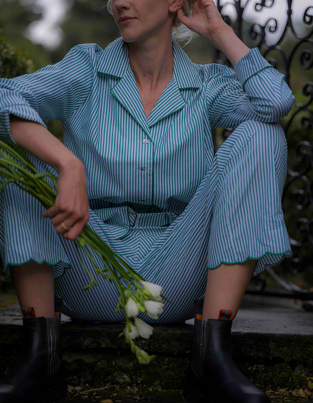 Green Stripe Scalloped Pyjamas in Cotton Poplin